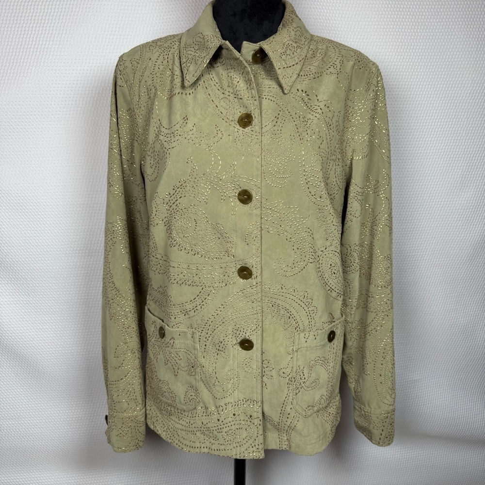 Susan Graver Sage Green Gold Embellished Utility Jacket Medium